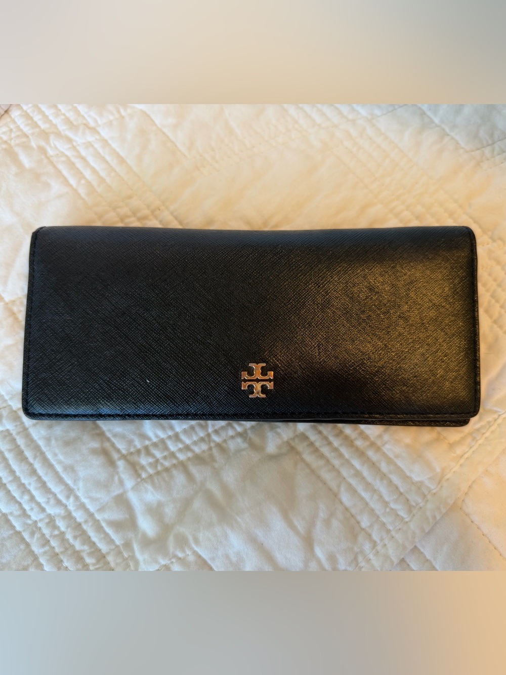 Tory Burch Black Saffiano Leather Fold-Over Wallet with Gold Logo 7.5x4.5